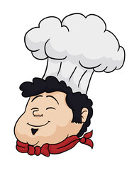 Chubby cook face with red kerchief and tall chef hat, Vector illustration