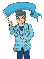 Senior doctor with blue uniform, holding a blue flag, Vector illustration