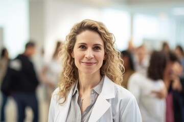Lifestyle portrait photography of a grinning doctor in her 40s wearing a scrub or lab coat against a background of professionals and patients. Generative AI - obrazy, fototapety, plakaty