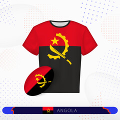 Angola rugby jersey with rugby ball of Angola on abstract sport background.