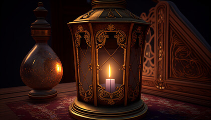 Old lamp on the table, candle motel with ancient light illumination, Generative AI