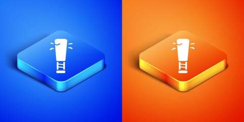Isometric Baseball bat with nails icon isolated on blue and orange background. Violent weapon. Square button. Vector