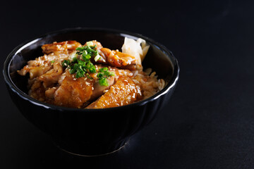 Grilled Chicken teriyaki rice Japanese food isolated in black background