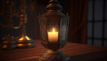 Old lamp on the table, candle motel with ancient light illumination, Generative AI