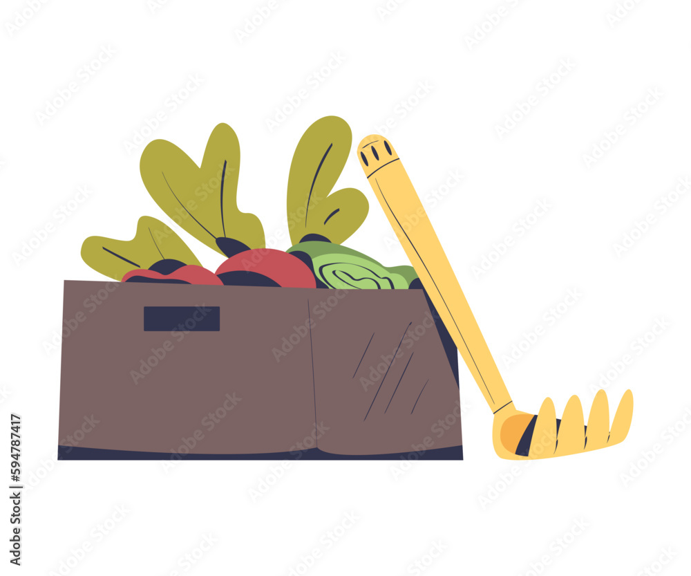 Sticker Crate with Ripe Vegetables and Rake as Seasonal Harvesting and Yield Vector Illustration