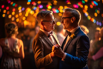 Gay couple dancing at wedding, portrait. Generative AI