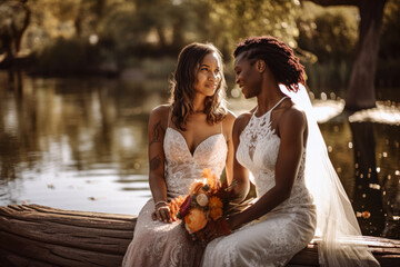 Black lesbian couple wedding portrait. Generative AI - obrazy, fototapety, plakaty