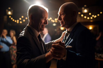 Elderly gay couple dancing at wedding, portrait. Generative AI