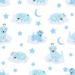 Fototapeta premium Cute sleeping puppy, clouds, stars, crown, butterflies Seamless pattern. Gentle colors. For newborns