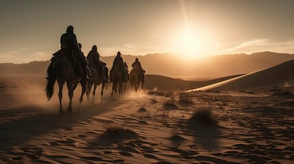 sunset in a desert with camels walking towards the sun