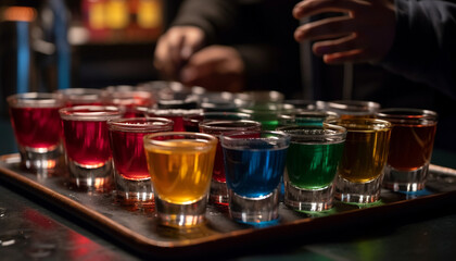 Liquid refreshment pours from multi colored drink establishment generated by AI