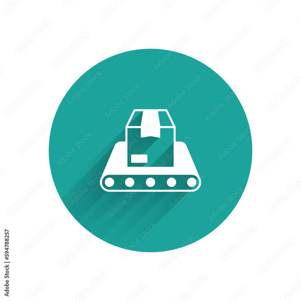 Poster white conveyor belt with cardboard box icon isolated with long shadow background. green circle butto