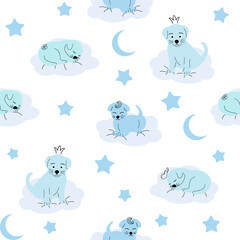 Cute sleeping puppy, clouds, stars, crown, butterflies Seamless pattern. Gentle colors. For newborns