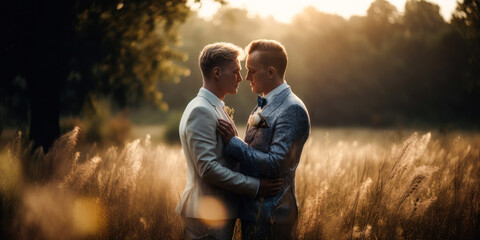 Gay couple wedding portrait. Generative AI