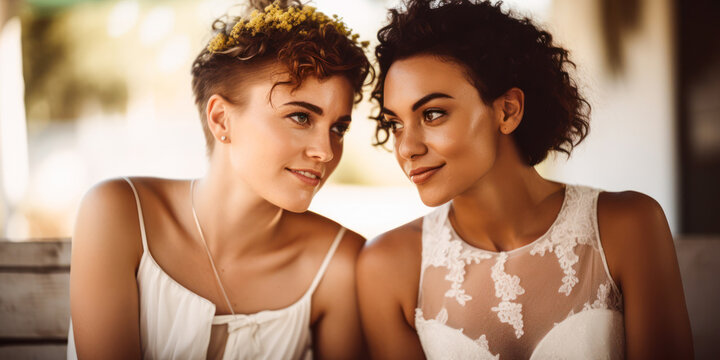 Interracial lesbian couple wedding portrait. Generative AI
