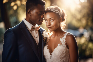 Black couple wedding portrait. Generative AI