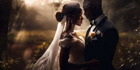 Black couple wedding portrait. Generative AI