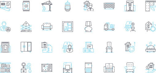 Interior design industry linear icons set. Aesthetics, Ambiance, Art, Beauty, Comfort, Creativity, Colors line vector and concept signs. Craftsmanship,D?cor,Detail outline illustrations