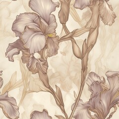 Seamless boho floral design, iris flowers, monochrome beige and orange colors, intricate details, AI generative background