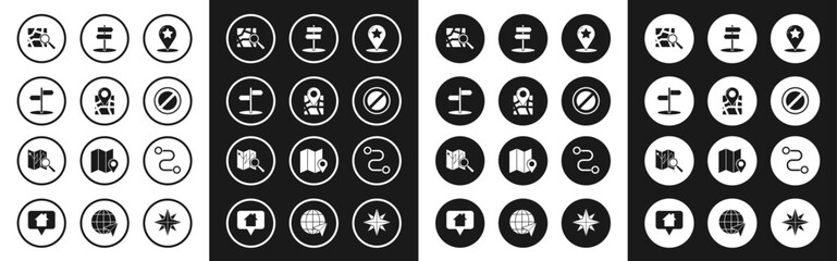 Set Map pointer with star, Folded map location marker, Road traffic sign, Stop, Route and icon. Vector