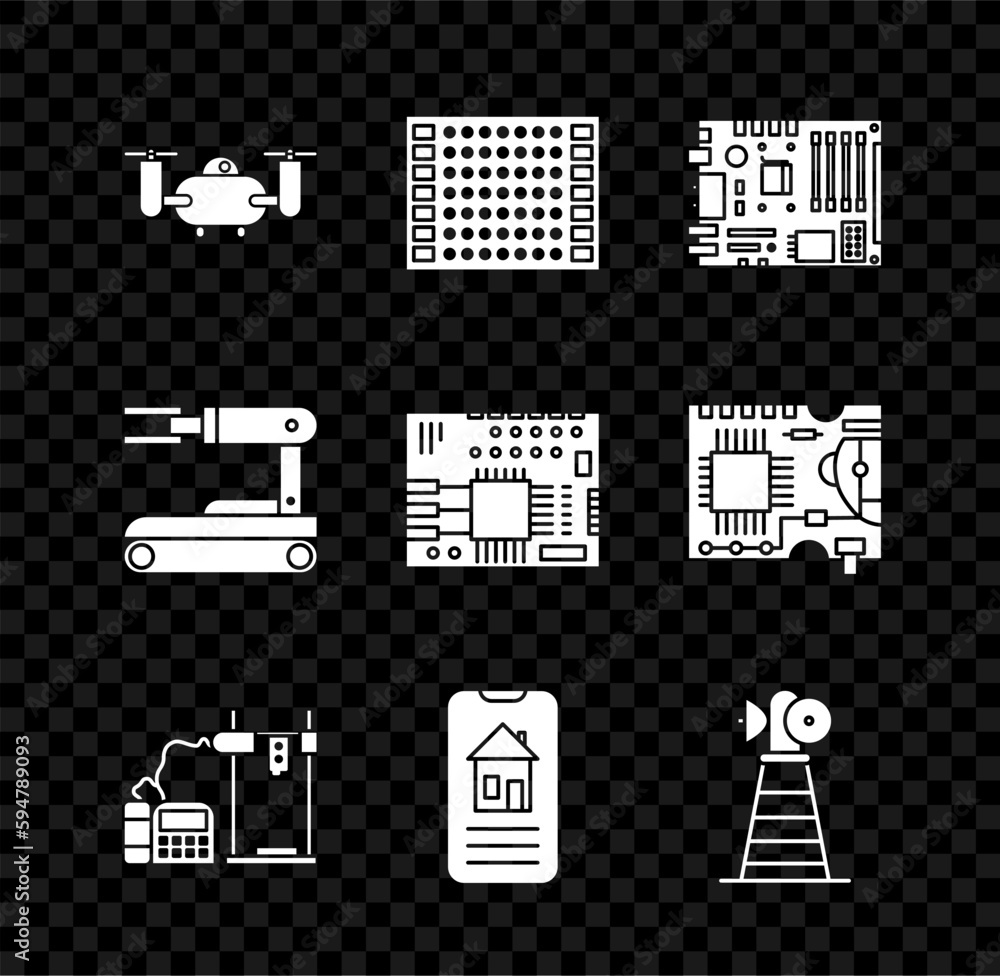 Poster set drone flying with action camera, printed circuit board pcb, electronic computer components mothe