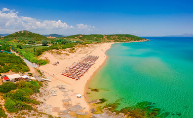 Drone view of Ammolofoi sand beach near Kavala, Greece, Europe