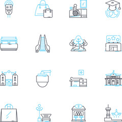 Innovative megacities linear icons set. Technology, Sustainability, Creativity, Efficiency, Progress, Diversity, Visionary line vector and concept signs. Growth,Fusion,Innovation outline illustrations