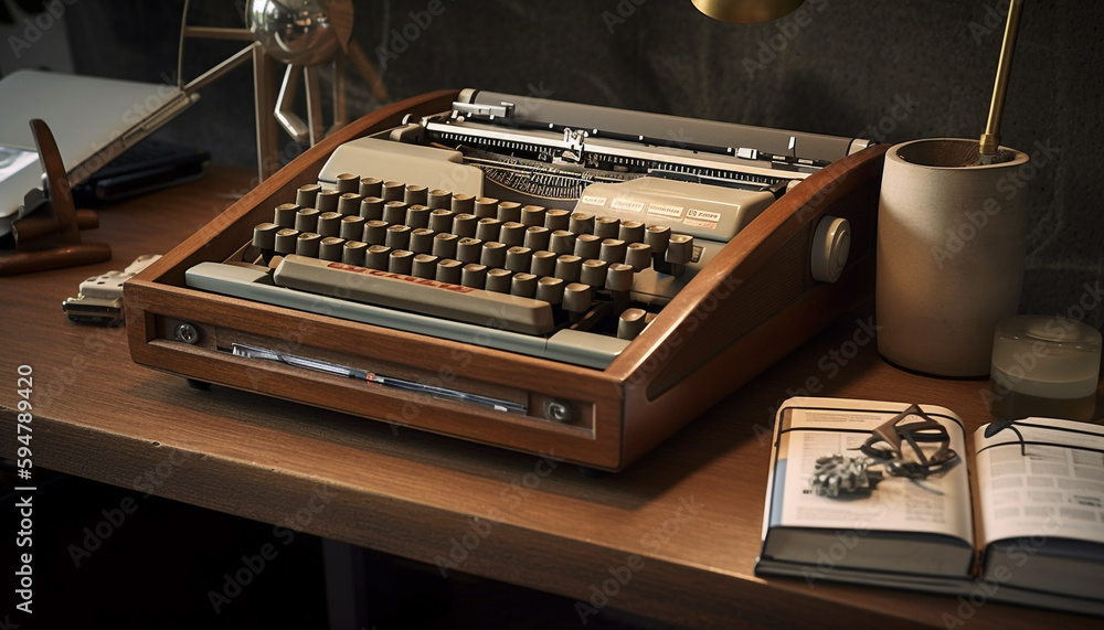 Poster old fashioned typewriter on rustic wooden table generated by ai