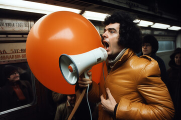 Man yelling into a megaphone while riding a city subway. Retro look from 1970s with giant inflatable orange object next to him. generative AI