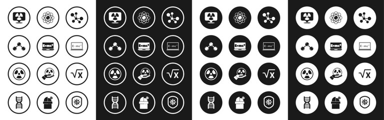 Set Molecule, Equation solution, Radioactive in location, Atom, Square root of x glyph and icon. Vector