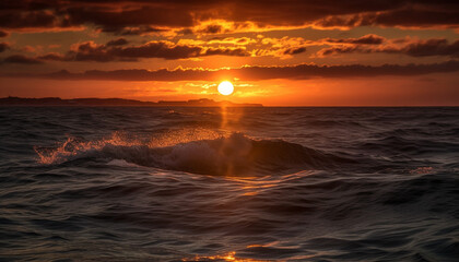 Fototapeta na wymiar Sunset over tranquil water creates idyllic beauty generated by AI