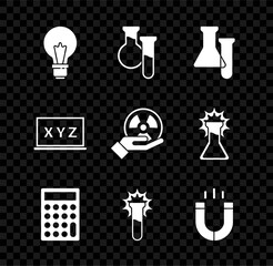Set Light bulb with concept of idea, Test tube and flask, Calculator, Magnet, XYZ Coordinate system and Radioactive icon. Vector