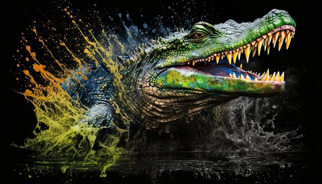Splash paint crocodile with black background. Generative AI
