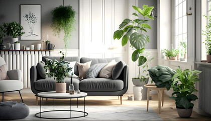 Stylish and scandinavian living room interior of modern apartment with gray sofa, lamp, abstract paintings on the wall. Home decor, generative ai