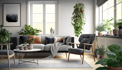 Stylish and scandinavian living room interior of modern apartment with gray sofa, lamp, abstract paintings on the wall. Home decor, generative ai