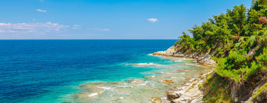 Sea coast panorama of Thassos in Greece, Europe. Summer Thasos island