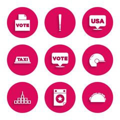 Set Vote, Calendar with date July 4, Taco tortilla, Baseball helmet, City landscape, Taxi car roof, USA Independence day and box icon. Vector