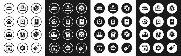 Set No alcohol, Traditional carpet, Muslim Mosque, hat for prayer, Holy book of Koran, Donate pay your zakat, Ramadan fasting and icon. Vector