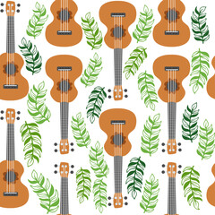 Ukulele seamless pattern, ukulele. Pattern with monstera, leaves, flowers, notes, inscriptions