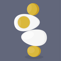 four boiled eggs with two yolks and whites on a pastel purple background, vector illustration