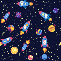 Seamless pattern with lama in a rocket, in space. Lama travels, adventures among the stars. Cute pattern with alpaca