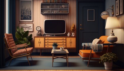 Retro interior style living room with leather sofa, and old television. Generative AI