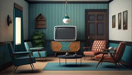 Retro interior style living room with leather sofa, and old television. Generative AI