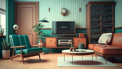 Retro interior style living room with leather sofa, and old television. Generative AI