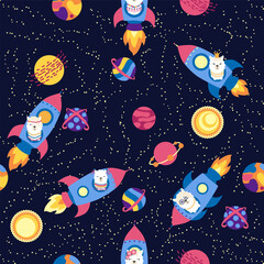 Seamless pattern with lama in a rocket, in space. Lama travels, adventures among the stars. Cute pattern with alpaca © MichiruKayo