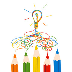 Messy scribble lines going to final direction from color pencils. Freehand paths coming to problem solution. Way from start to idea, from complicated to simple. Team work concept. Vector illustration