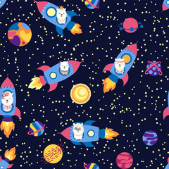 Seamless pattern with lama in a rocket, in space. Lama travels, adventures among the stars. Cute pattern with alpaca