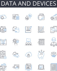 Data and devices line icons collection. Information and gadgets, Stats and tools, Facts and equipment, Figures and instruments, Records and machinery, Details and technology, Numbers and devices