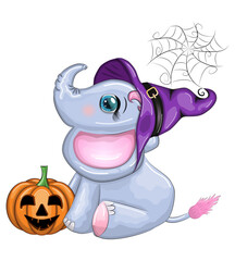 Cute cartoon elephant, childish character in wizard hat with pumpkin, potion or broom, halloween