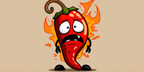 A cartoon hot spicy chili pepper with a bright red color, wearing a green leafy top, and an intense expression on its face. . Generative AI